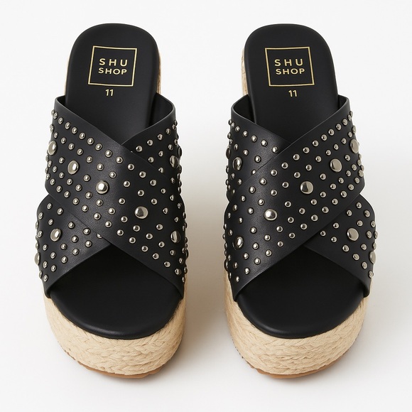 Shu Shop Sz 11 Kaia Black Studded Criss Cross Espadrille Platform Sandals NIB - Picture 1 of 12